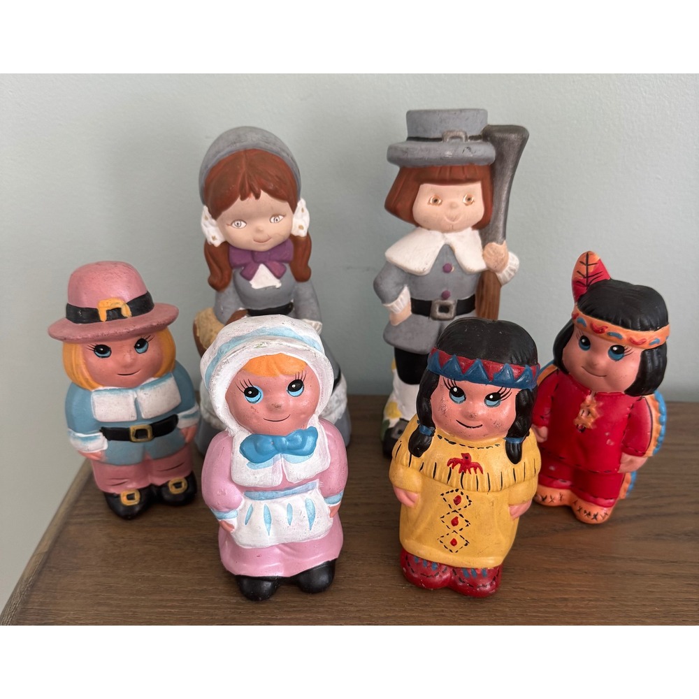 Vintage Thanksgiving 6 Ceramic Figurines Pilgrims Indians 1977 Signed Decor‎